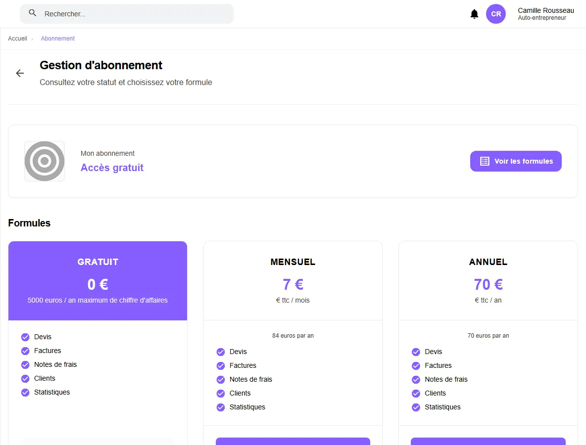 Page Gestion d’abonnement de MicroSimplis : formule actuelle et formules Gratuit, Mensuel et Annuel