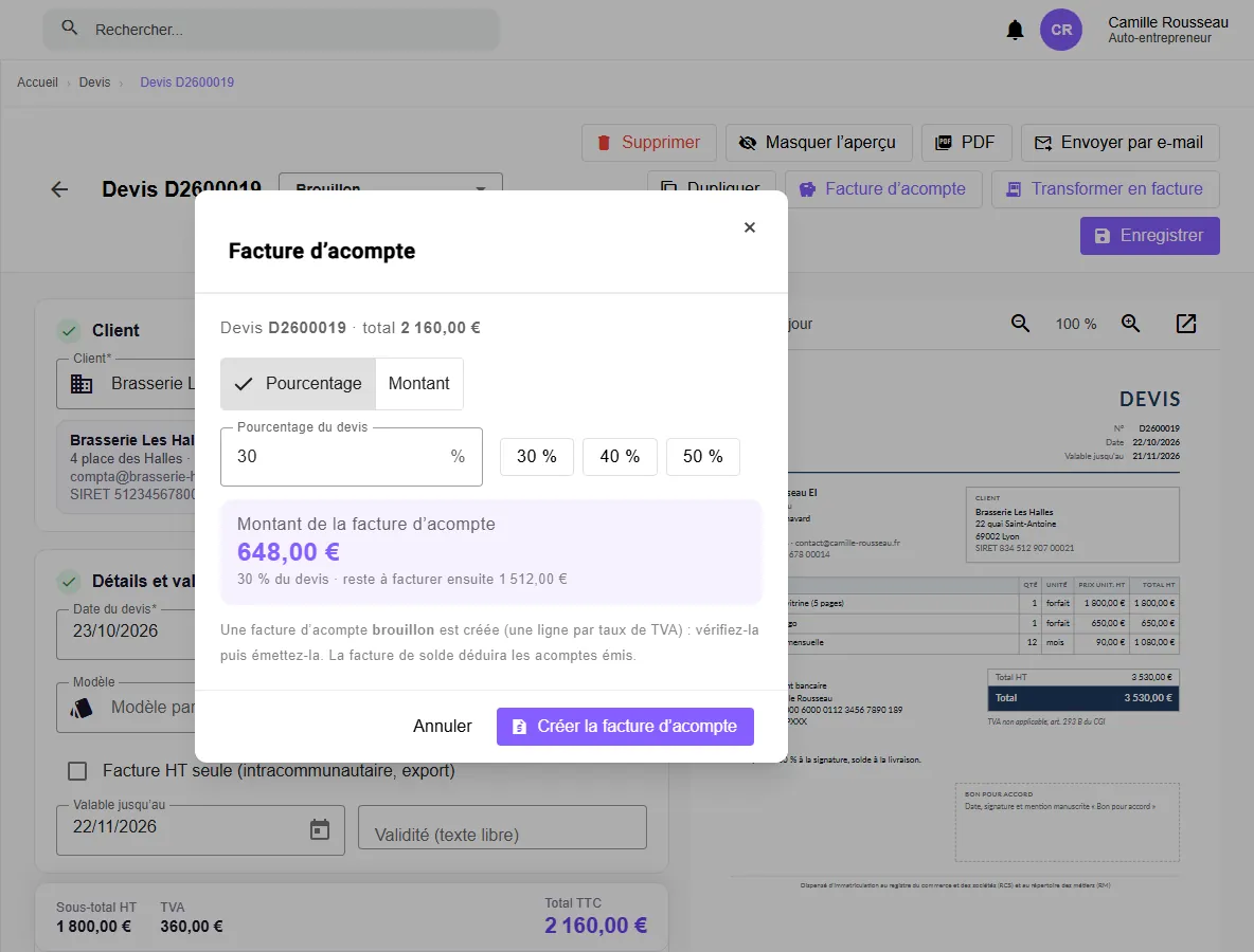 Création d’une facture d’acompte de 30 % depuis un devis MicroSimplis, avec le montant et le reste à facturer