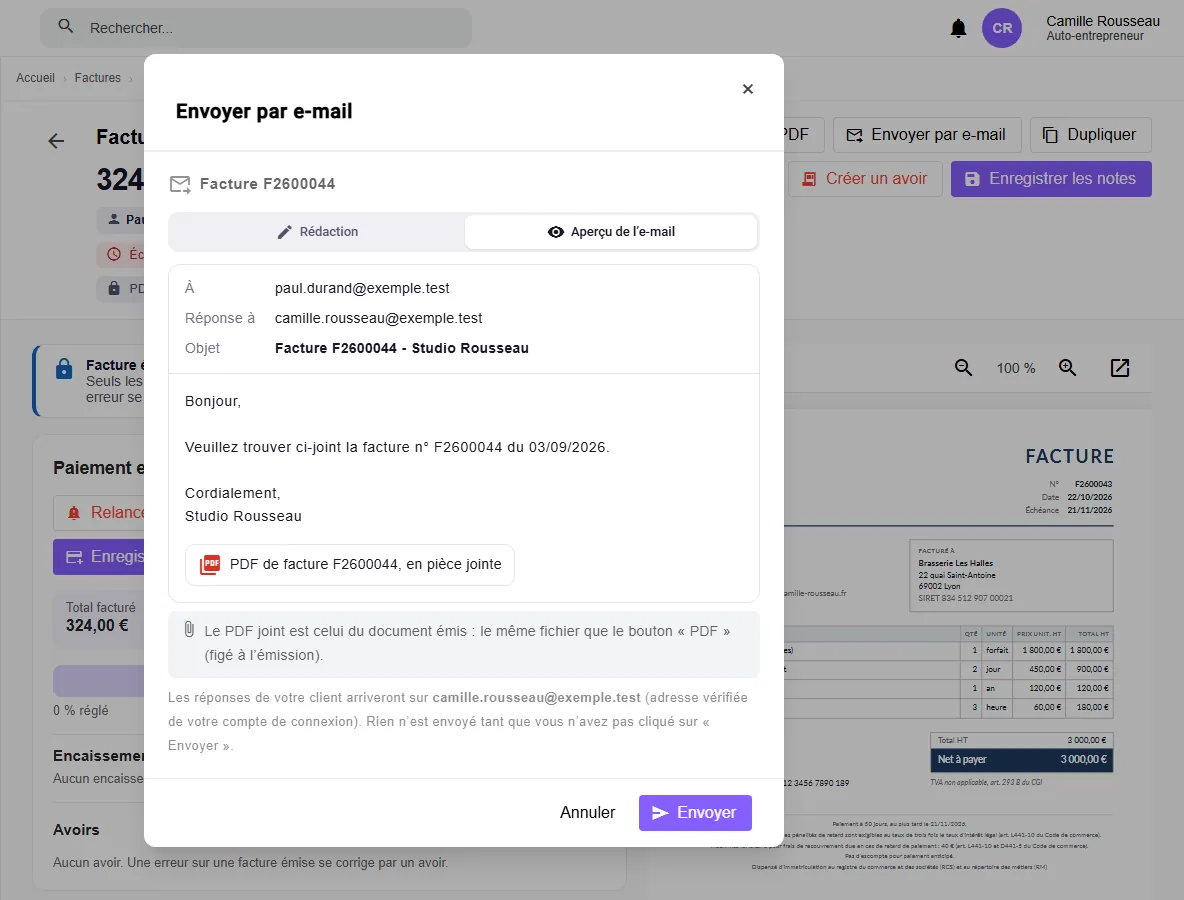 Dialogue d’envoi d’une facture par e-mail dans MicroSimplis, onglet Aperçu de l’e-mail avec le PDF en pièce jointe