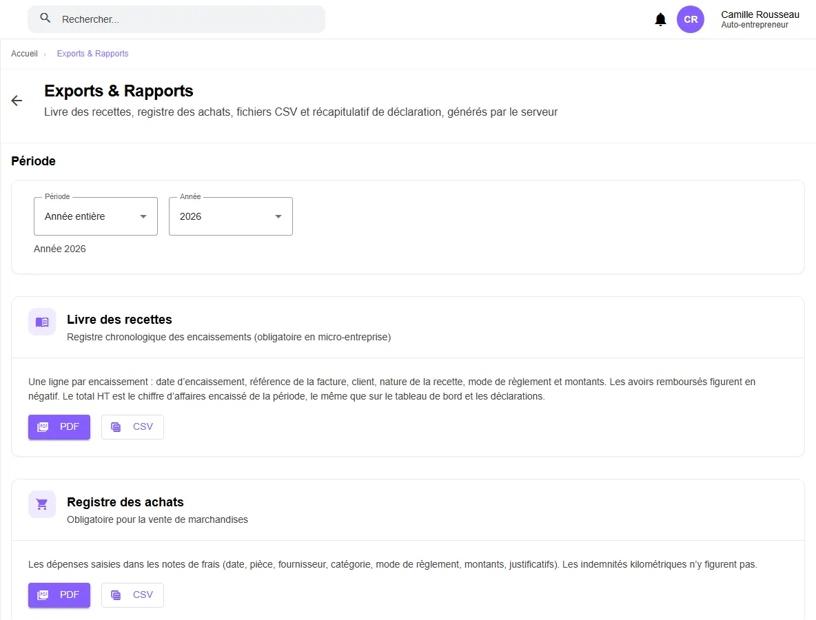 Page Exports et rapports de MicroSimplis : période, livre des recettes, registre des achats, fichiers CSV
