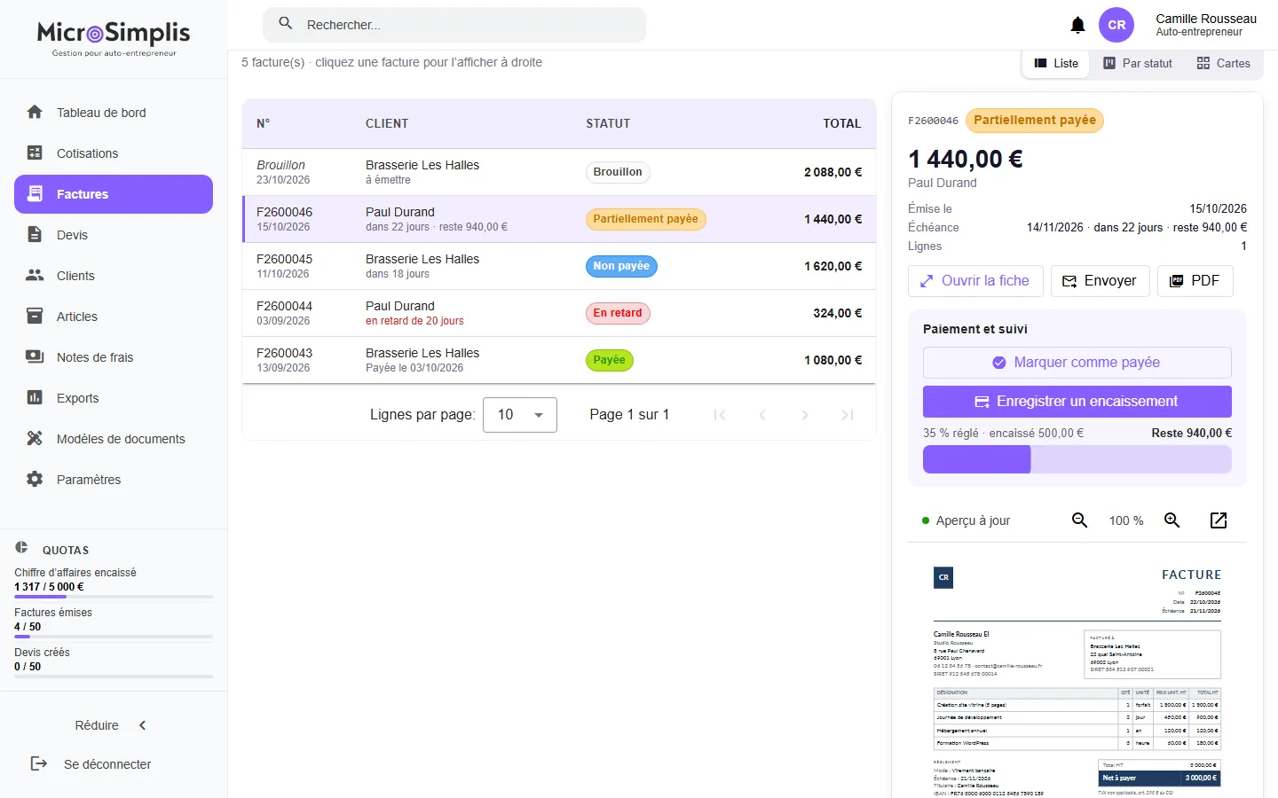 Liste des factures de MicroSimplis : statuts (brouillon, partiellement payée, en retard, payée), détail d’une facture, suivi des encaissements et aperçu du PDF
