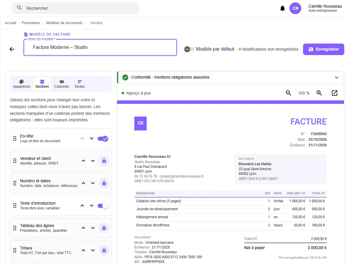 Éditeur de modèle de facture MicroSimplis : sections réordonnables, contrôle de conformité et aperçu du style Moderne