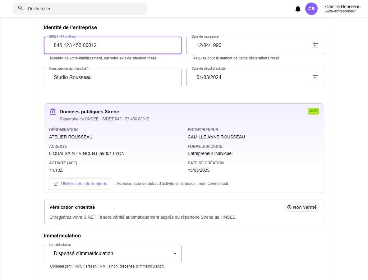 Données publiques Sirene affichées dans MicroSimplis pour un SIRET : dénomination, entrepreneur, adresse, activité et date de création