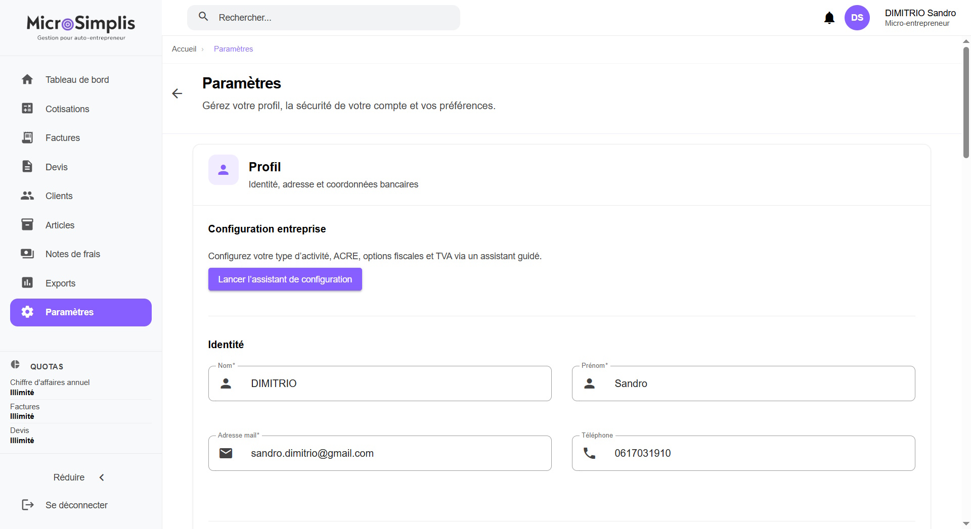 Écran de paramètres du compte MicroSimplis avec informations de profil
