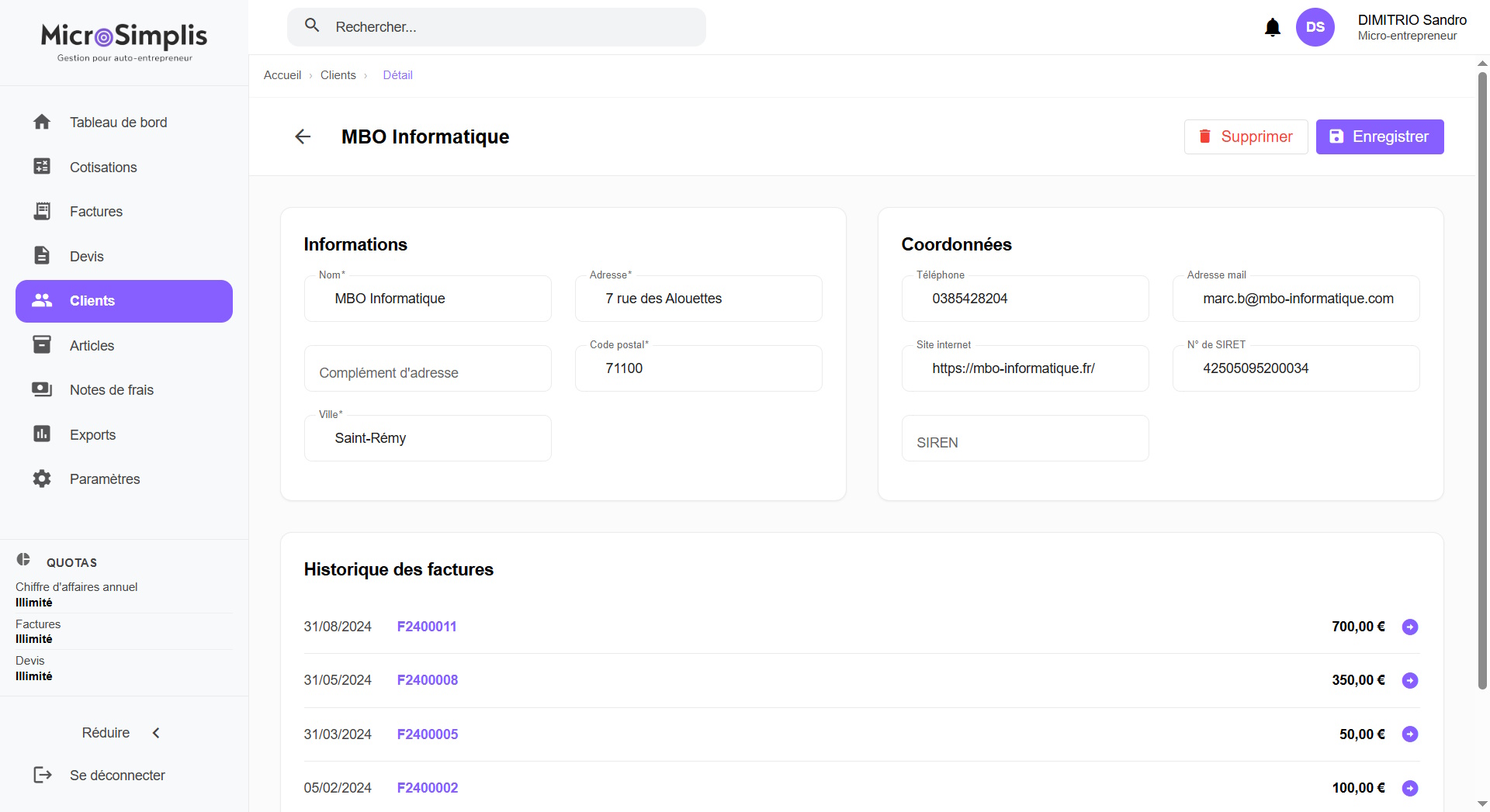 Liste de clients centralisée dans MicroSimplis avec coordonnées et documents associés