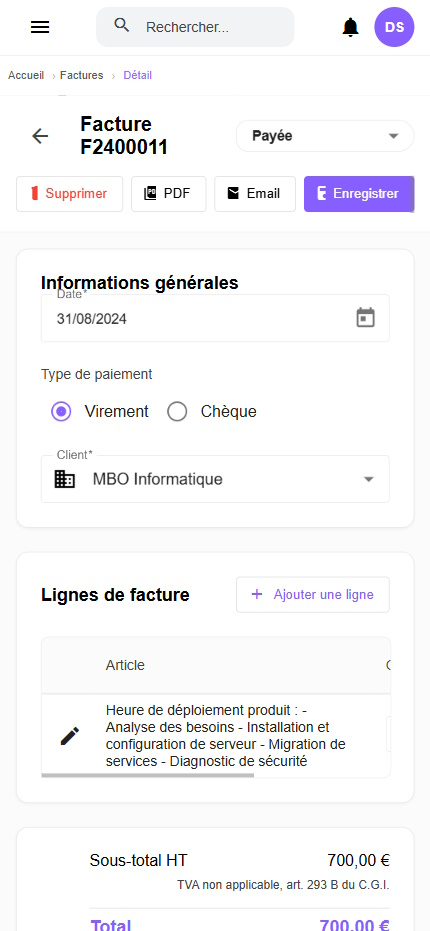 MicroSimplis sur mobile : détail facture et tableau de bord