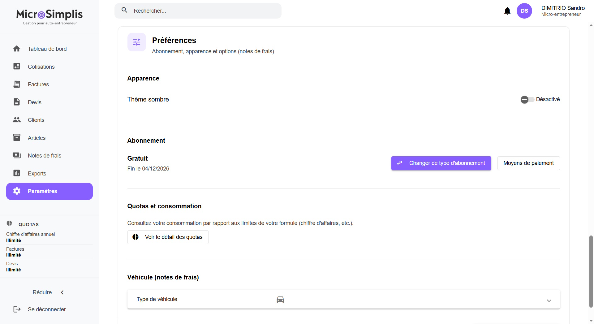 Gestion de l’abonnement MicroSimplis avec options mensuelle et annuelle